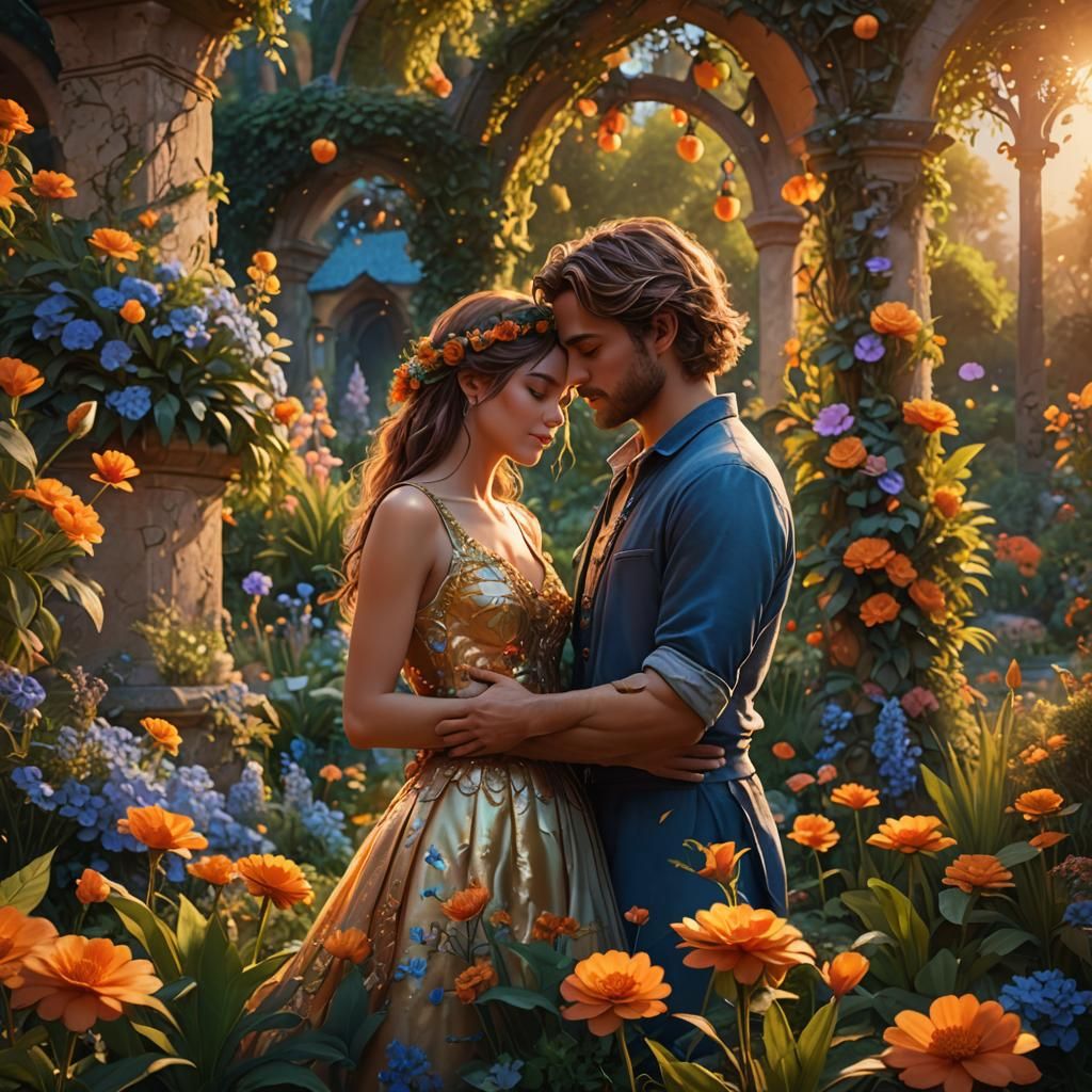 Romantic Couple Embracing in Fantasy Garden