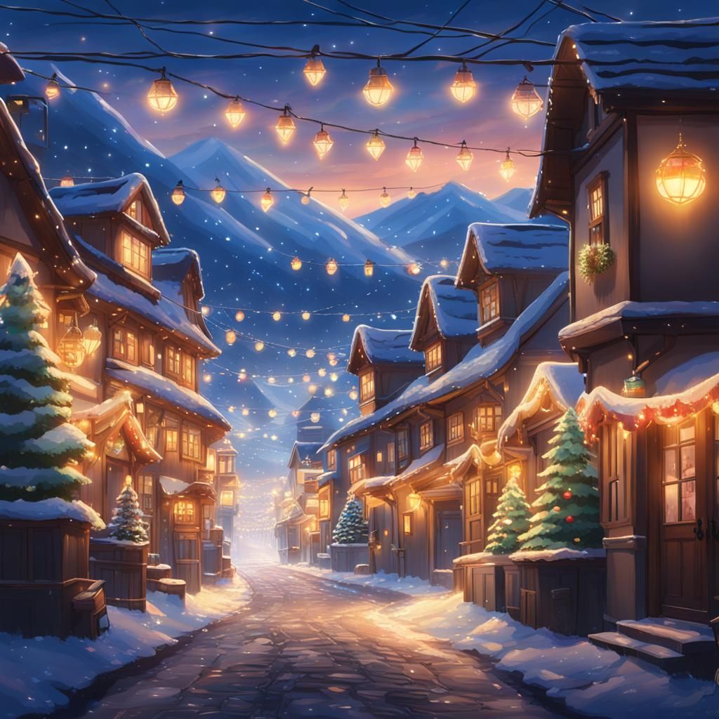 Cozy Christmas Village Street in Anime Style