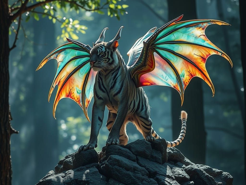 Majestic Fairy Dragon Tiger in Enchanted Forest Landscape