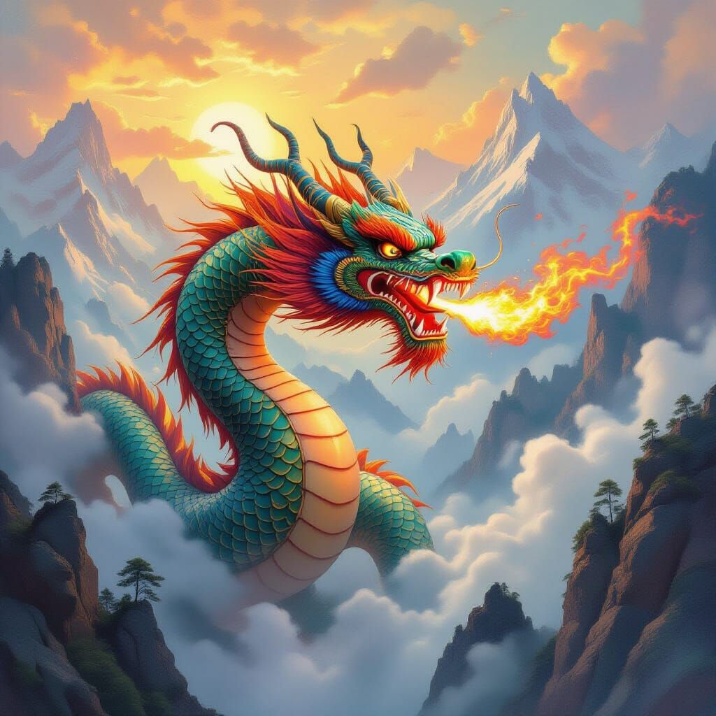 Chinese Dragon Soaring Over Misty Himalayas