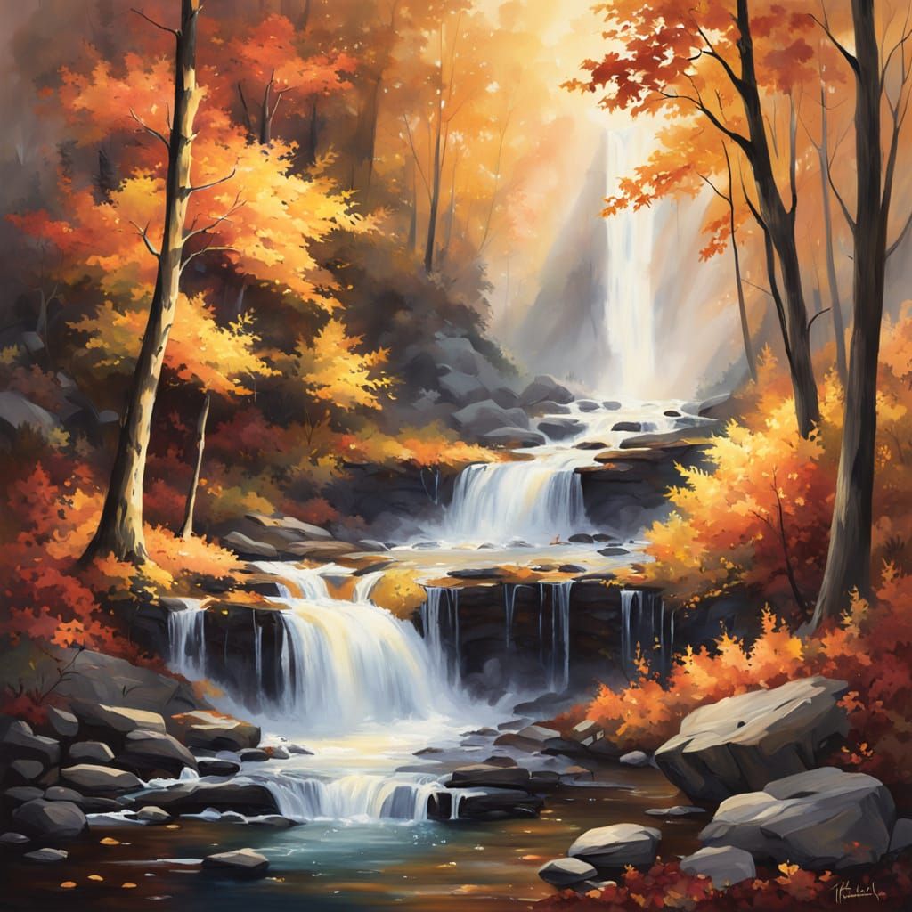 Hidden Waterfall in Glowing Autumn Forest
