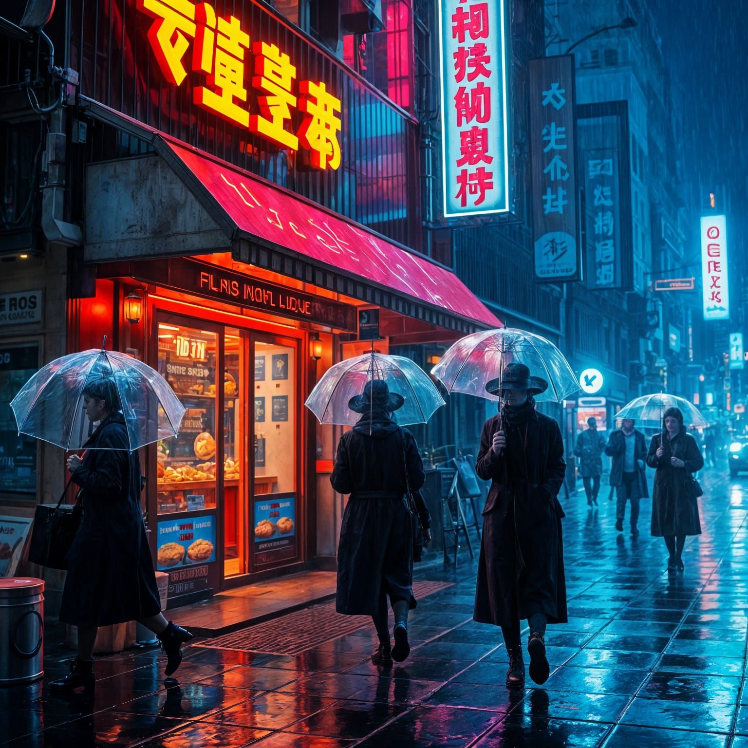 Cyberpunk Cityscape with Fluorescent Lights and Umbrellas