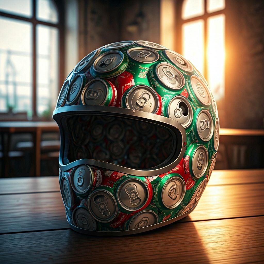 A crash helmet made from soft drinks cans placed on a table ...