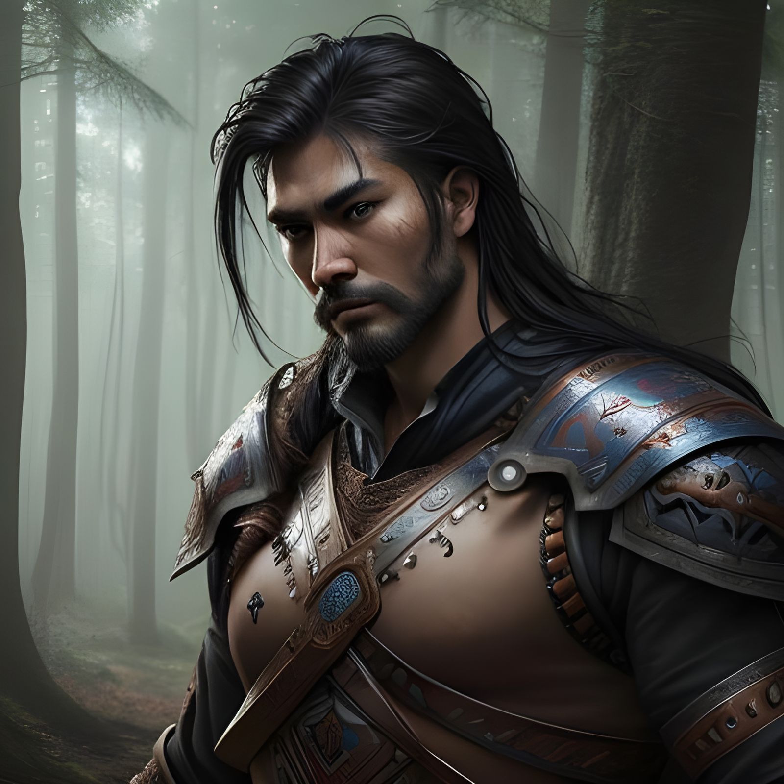 Hyperrealistic Warrior Man in Woods Concept Art