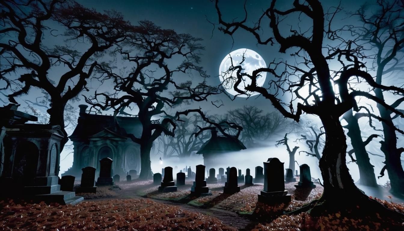 Eerie Night Forest with Haunted Graveyard