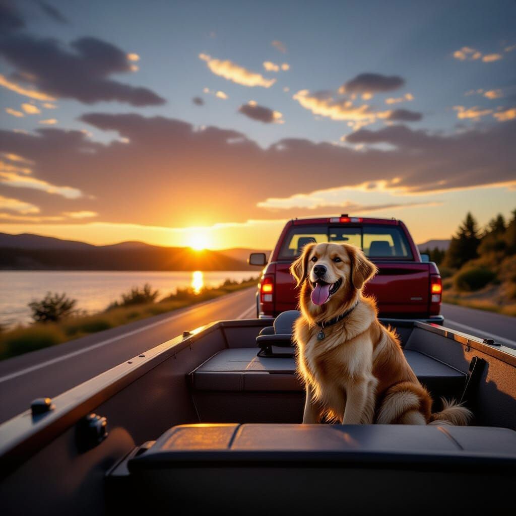 Ram Truck Towing Boat with Golden Retriever at Sunset