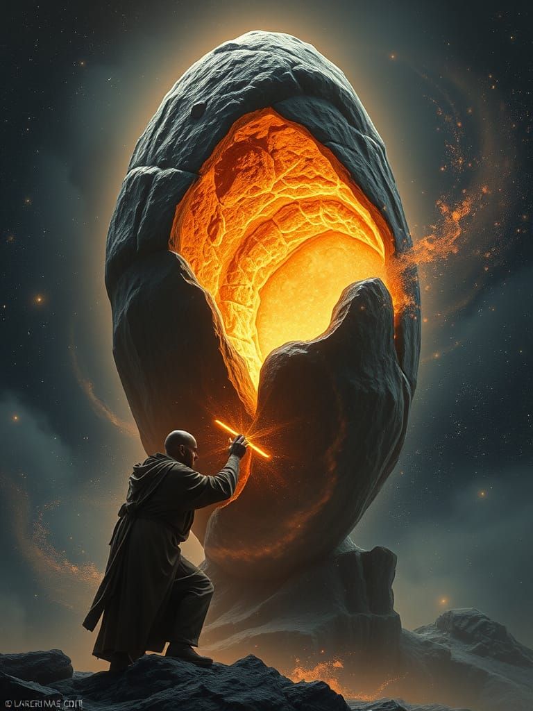 Cosmic Sculptor Carving Asteroid Statue in Nebula