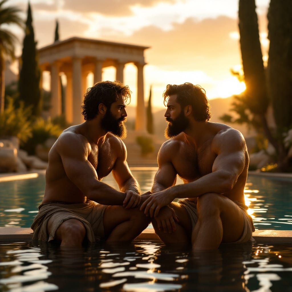 Muscular Greek Men by Pool in Ancient Athens