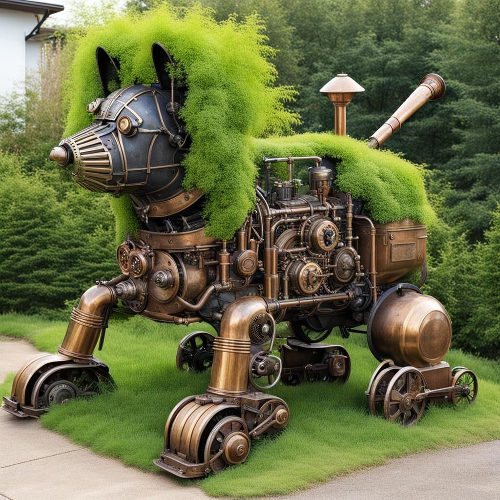 Steampunk Super-Gardner Forms Dog Bush Sculpture