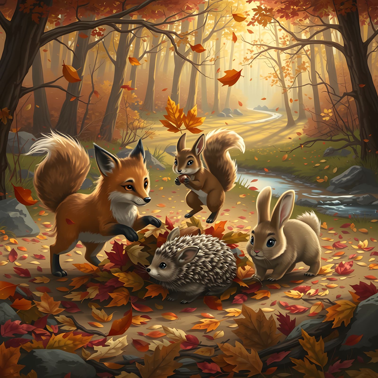 Autumn Forest Scene With Playful Woodland Animals