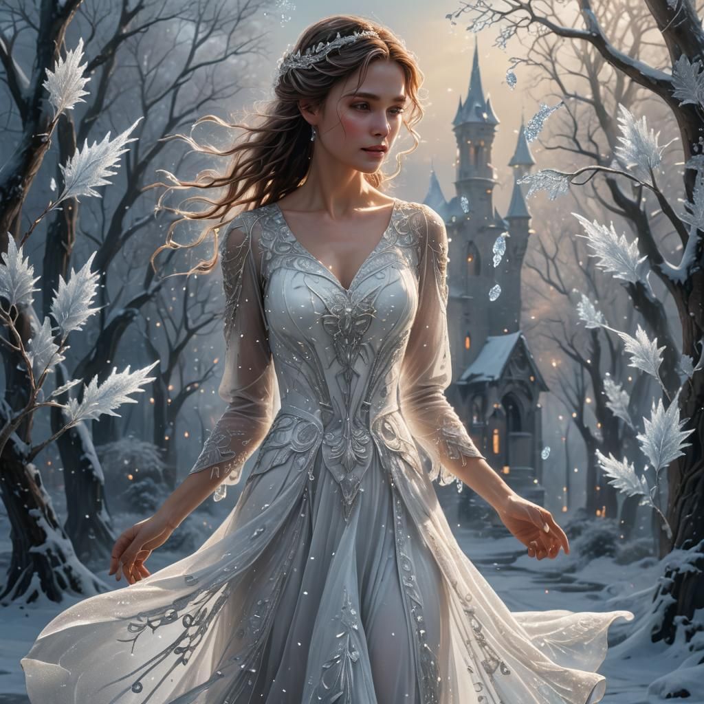 Ethereal Woman Creates Ice Crystals in Fantasy Art