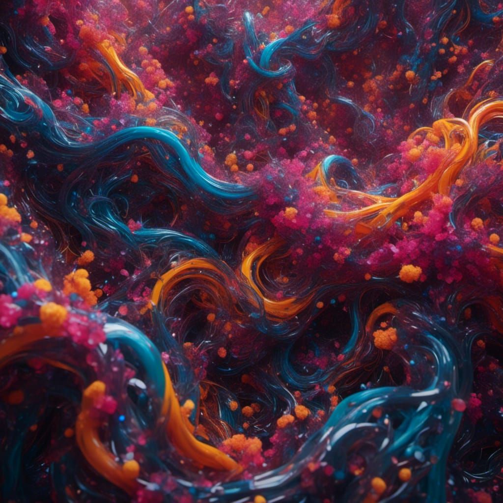 Abstract Neon Liquid Glass Swirls with Cracked Effect