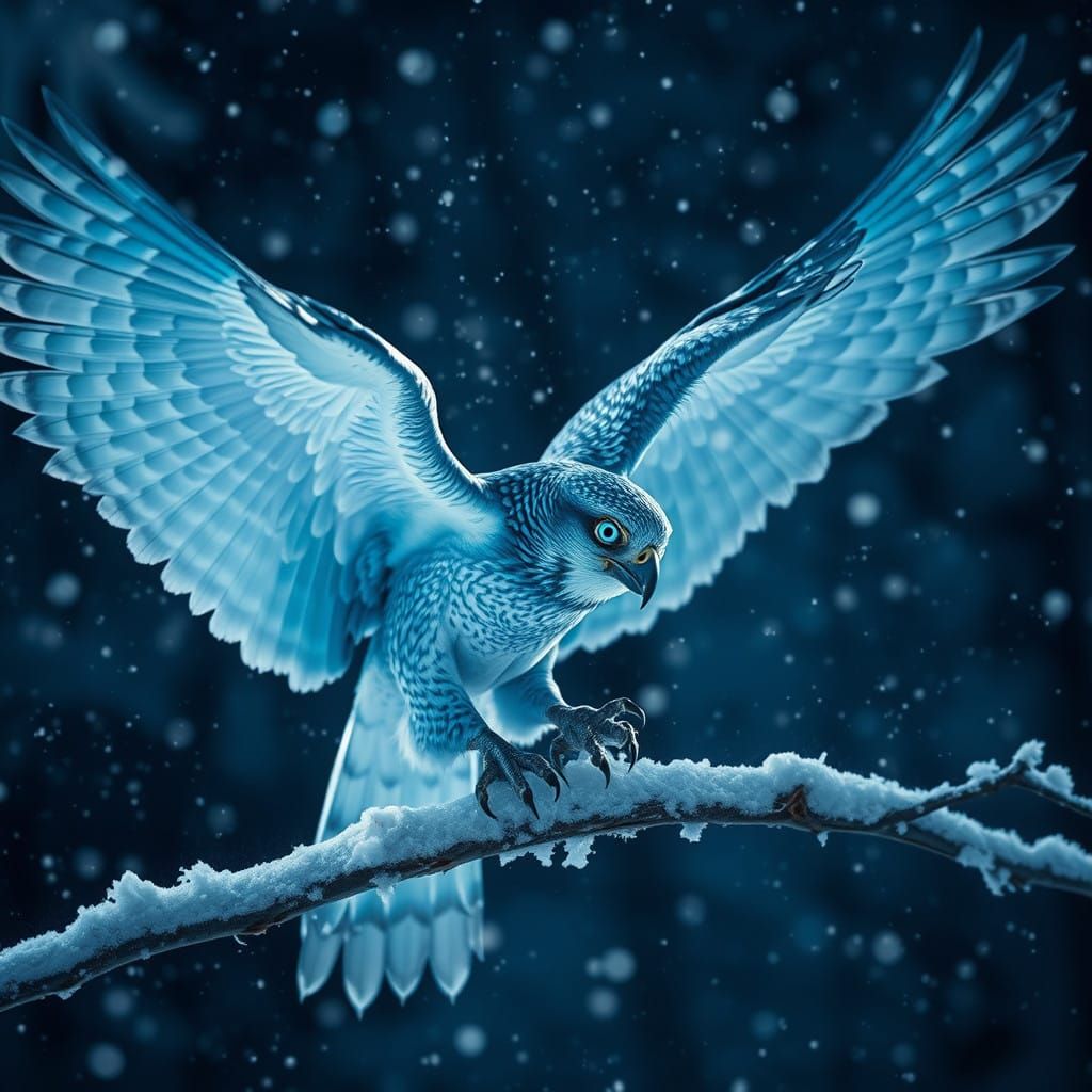 Ethereal Frost Falcon in Opalescent Blue, Dark Forest Night