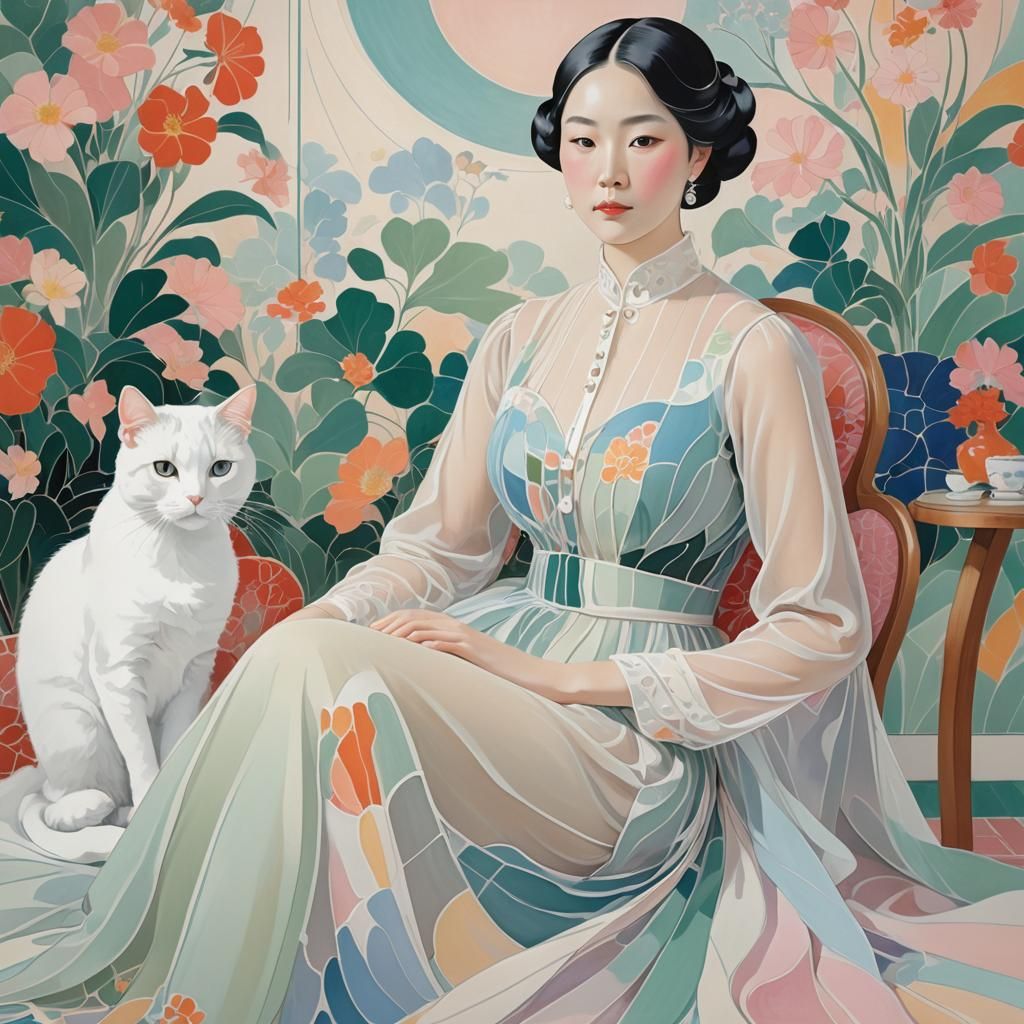 Elegant Lady with Cat in Art Nouveau Style