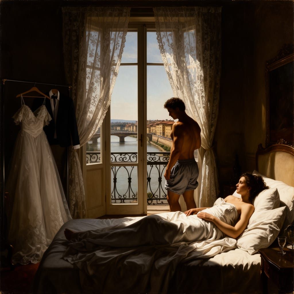 Groom Gazes at Bride in Florence Bridal Suite