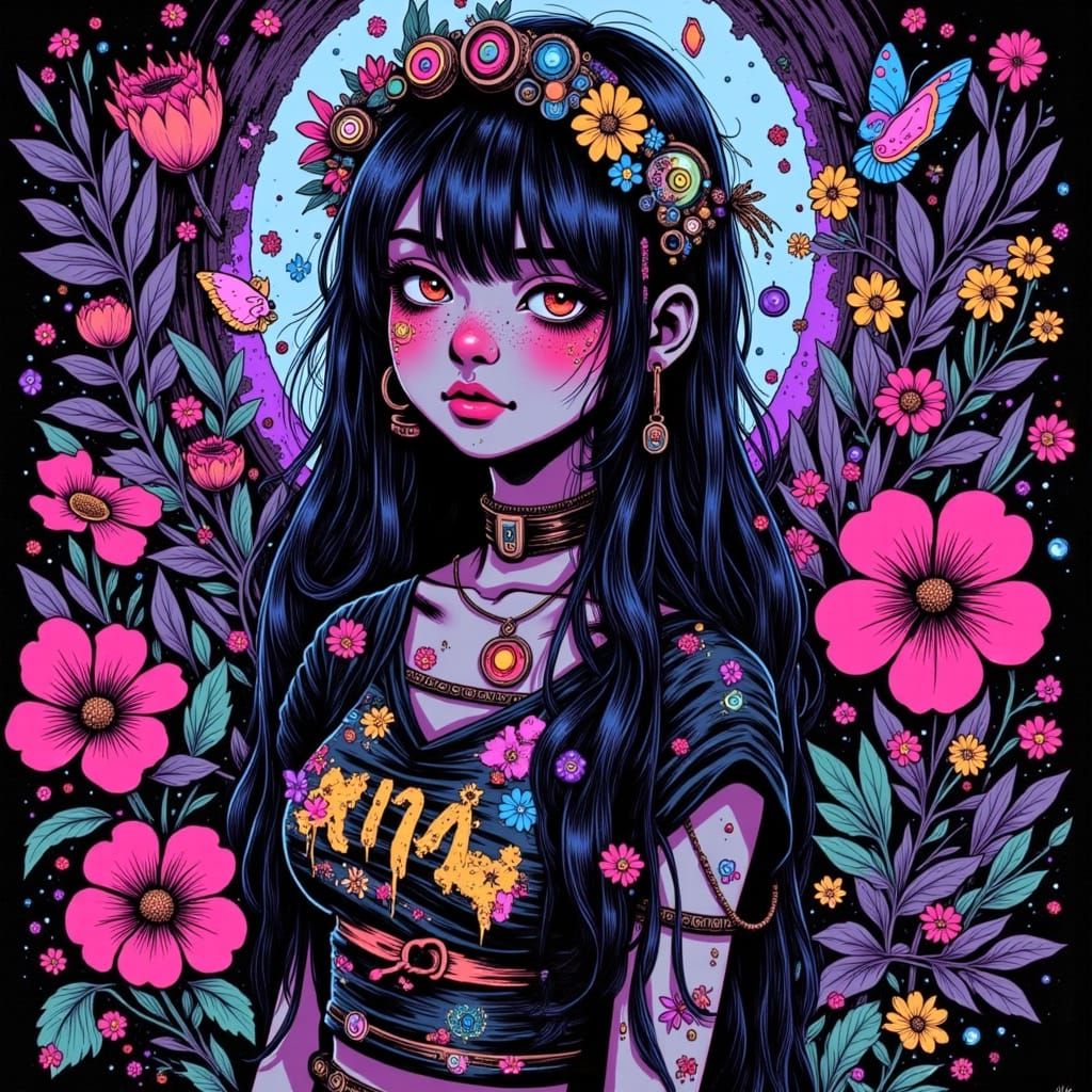 Trashpunk Woman with Neon Aura in Digital Illustration