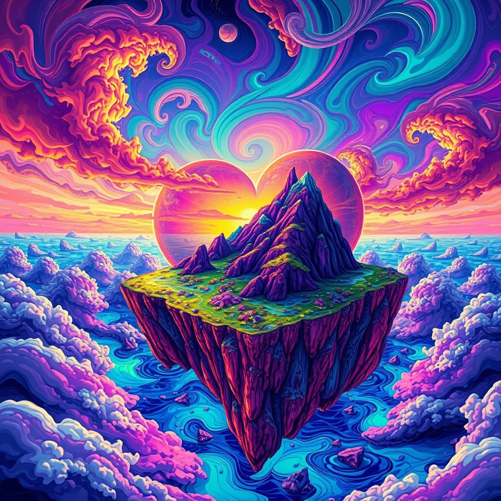 Dreamlike Heart-Shaped Island in Iridescent Fractal Ocean