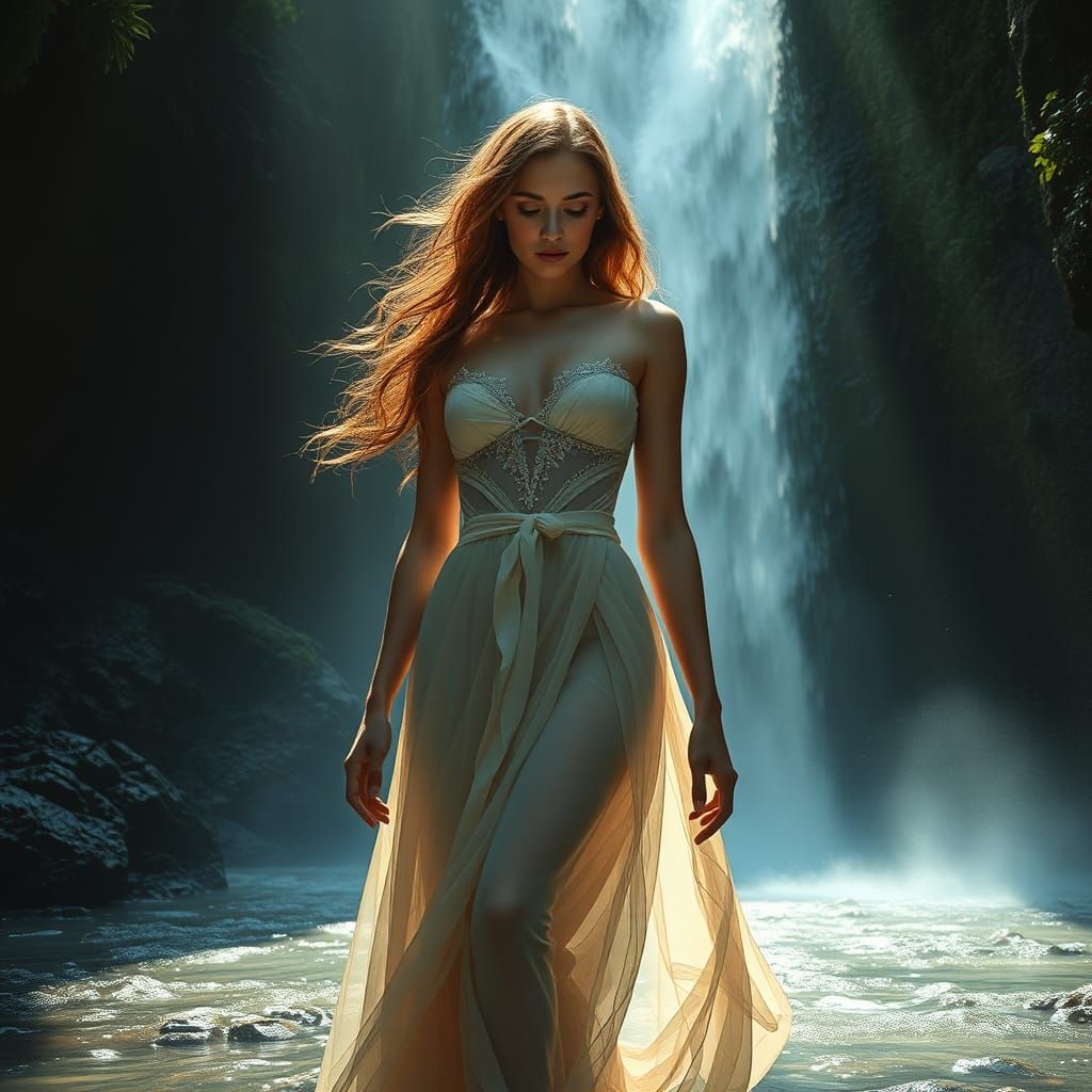 Ethereal Woman at Waterfall in Hyperrealistic Style