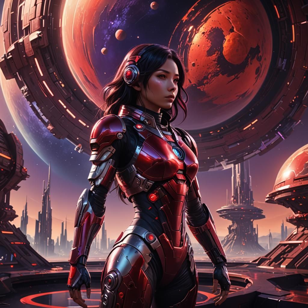 Cyborg Girl on Spaceport Platform in Cyber-Fantasy Art