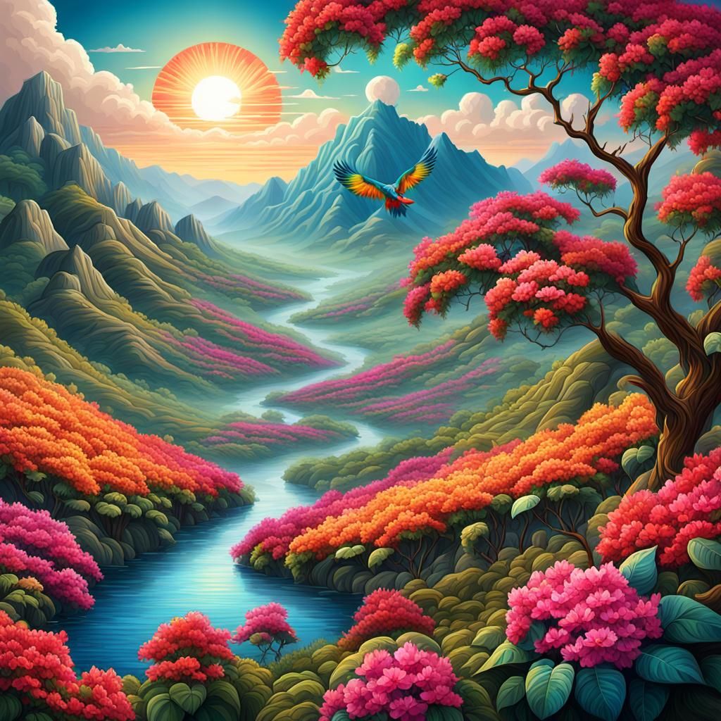 Vibrant Bhil Art Parrot in Bougainvillea Landscape