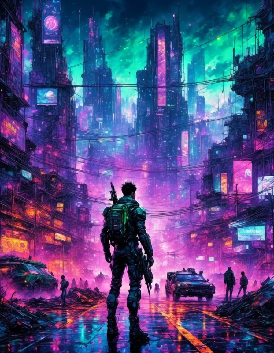 Cyborg Soldier in Dystopian Cyberpunk Cityscape
