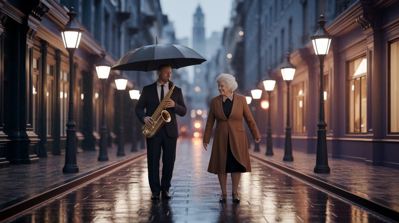 Musician Plays Saxophone for Dancing Couple in Autumn City
