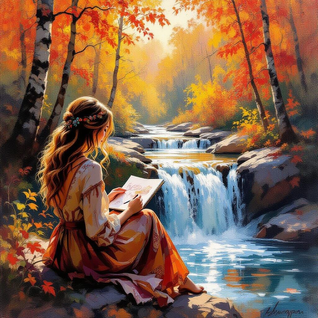Woman Sketching Autumn Waterfall in Oil Painting Style