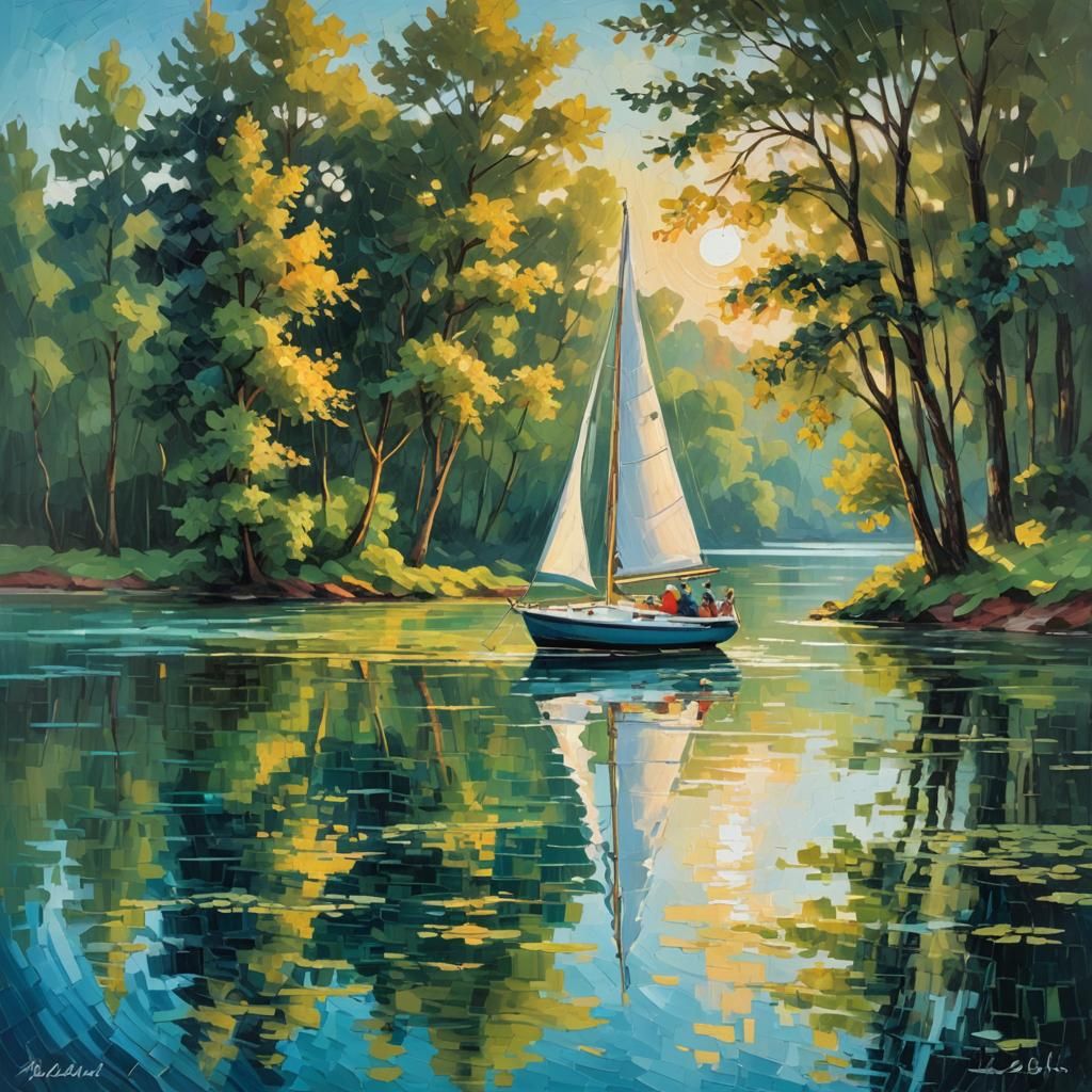 Sailboat on Lake: Expressionist Oil Painting with Impasto