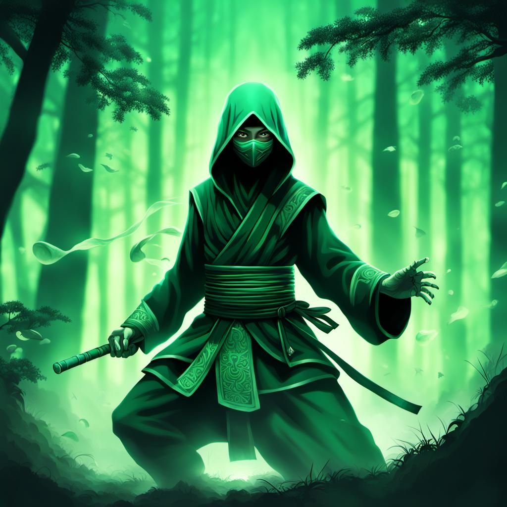 Mysterious Ninja Monk in Emerald Forest: Anime Art