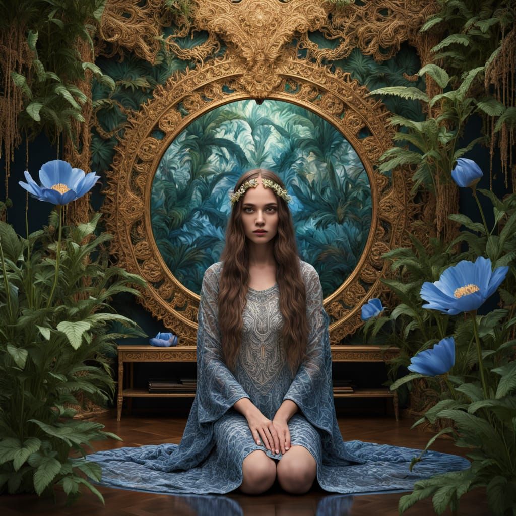 Woman in Whimsical, Symbolic Embroidery Amidst Fantasy Plant...