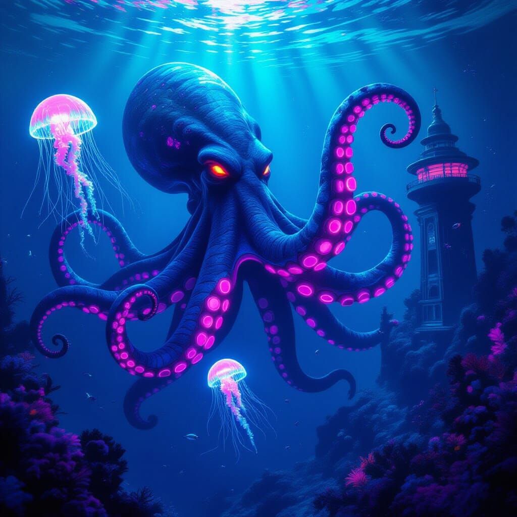 Colossal Bioluminescent Kraken in Alien Reef Concept Art