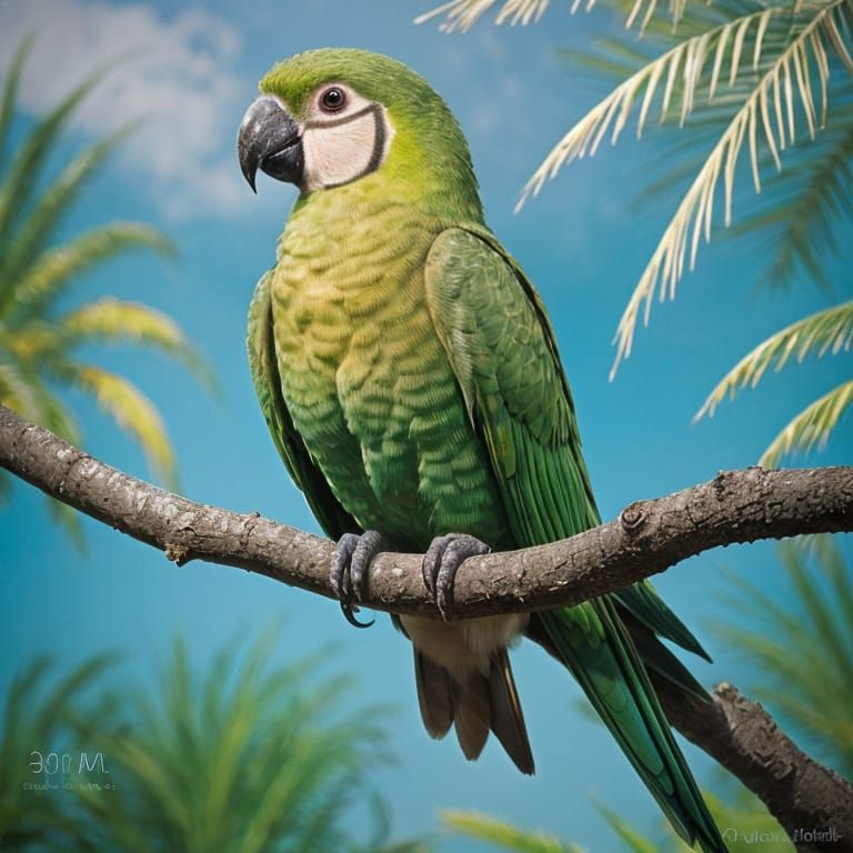 Surrealist Parrot Dreamscape with Vibrant Green Cheeked Bird
