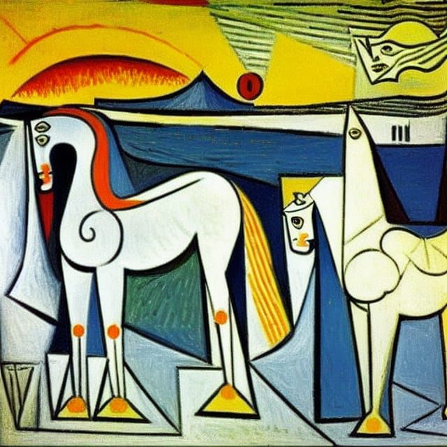 White Horse on Sunset Beach in Cubist Style