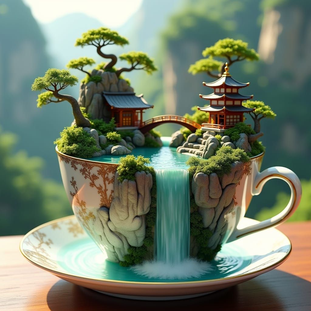 Ethereal Teacup Landscape in Dreamy, Photorealistic Style