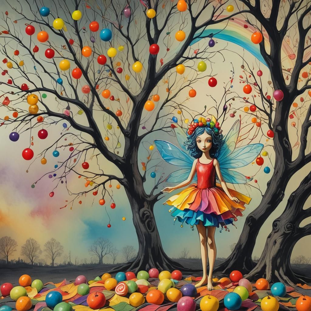 Rainbow Fairy Under Candy Tree, Child's Crayon Drawing