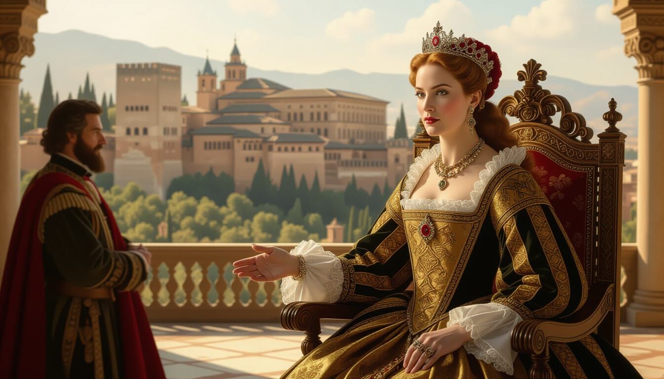 Spanish Queen Welcomes Columbus in Opulent Throne Room