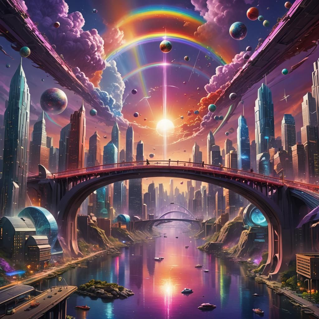 Rainbow Bridge Over Futuristic Metropolis, Fantasy Art