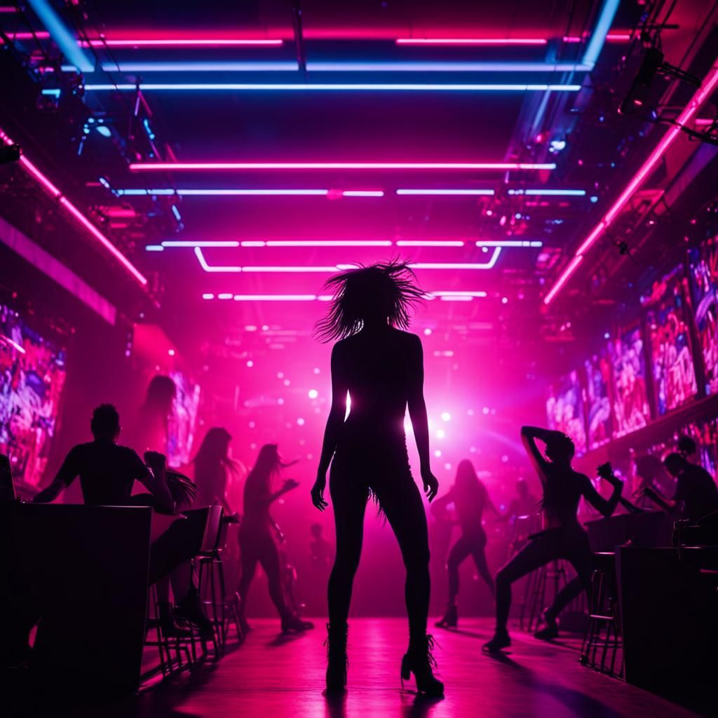 Cyberpunk Nightclub: Neon Lights and Dancing Silhouette