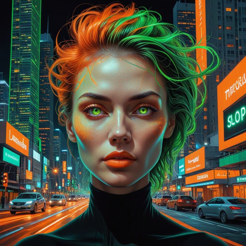 Surreal Optical Illusion: Woman and Neon Cityscape
