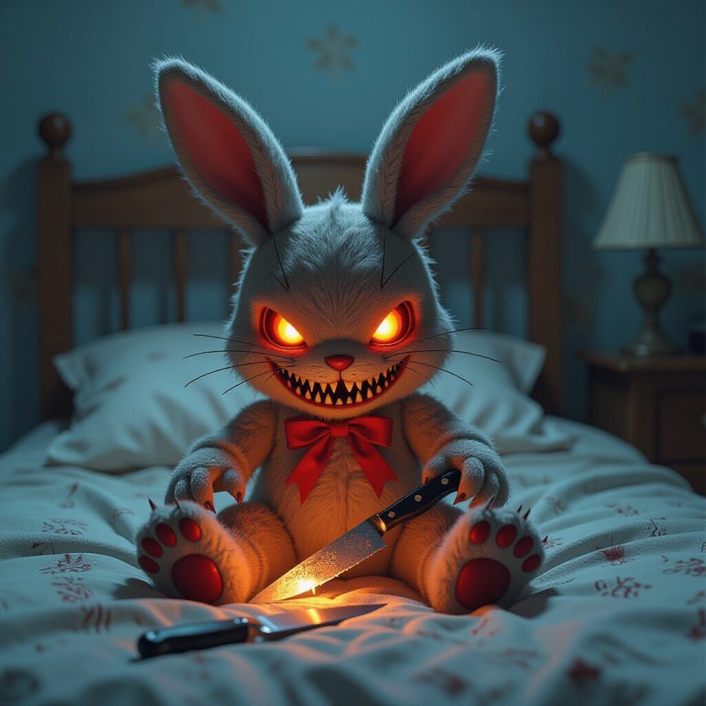 Evil Bunny Toy with Razor Teeth on Child's Bed