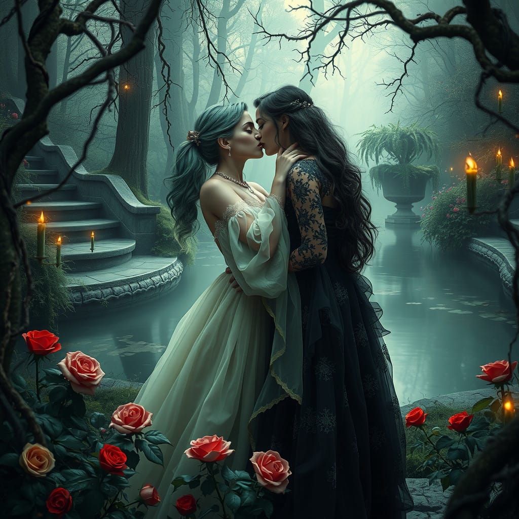 Ethereal Goddesses Embracing in a Haunting Gothic Garden