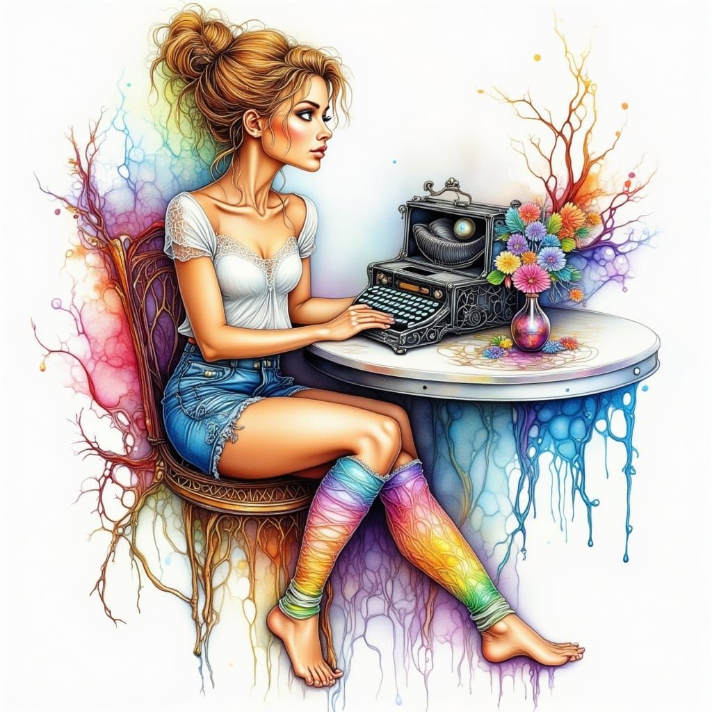 Ethereal Woman with Typewriter in Ink Drawing Style