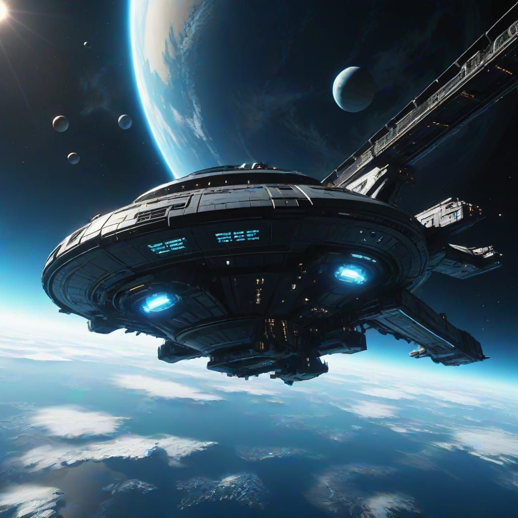 Futuristic Spacecraft Orbiting Vibrant Earth-like Planet