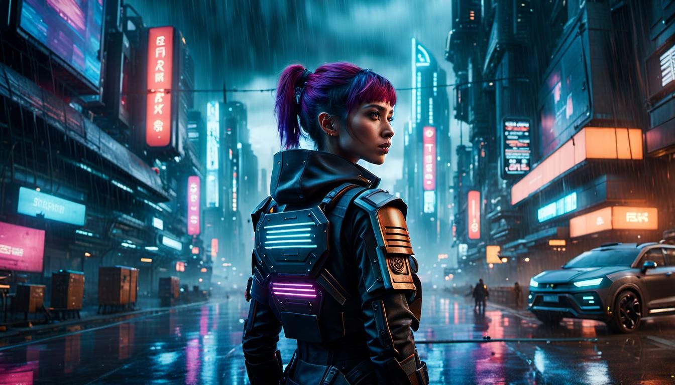 Cyberpunk Policewoman Patrolling Rainy City Streets
