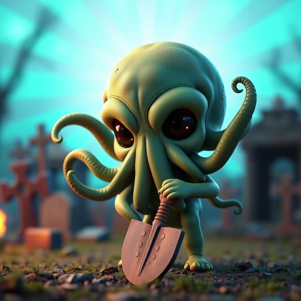 Chibi Cthulhu Digs in Cemetery, Pixar-Style 3D Render