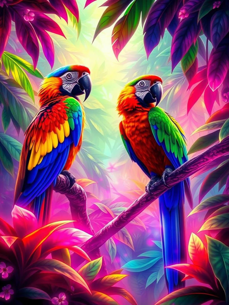 Psychedelic Macaws in Bioluminescent Rainforest