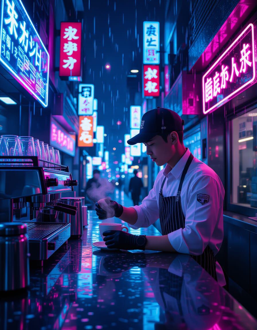 Cyberpunk Tokyo: Steaming Coffee in a Neon Alley