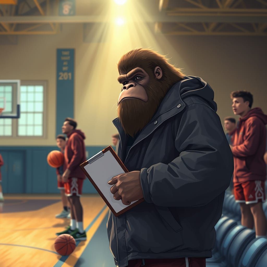Bigfoot as Basketball Coach in Rockwell-esque Art