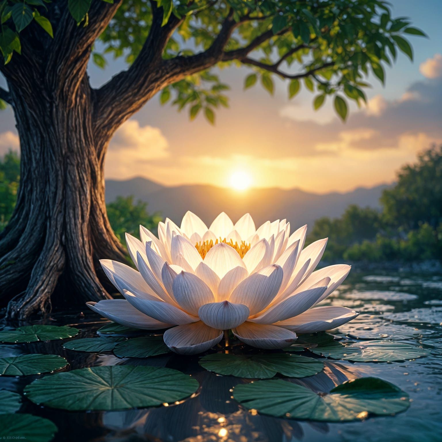 Divine White Lotus at Tree of Life, Celestial Sunrise