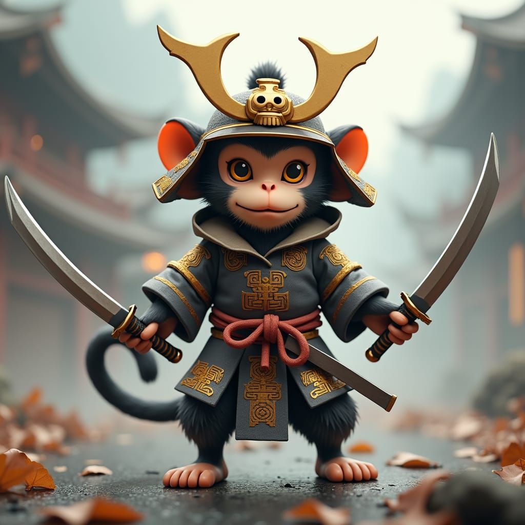 Monkey Samurai Warrior in Feudal Japan: Digital Art